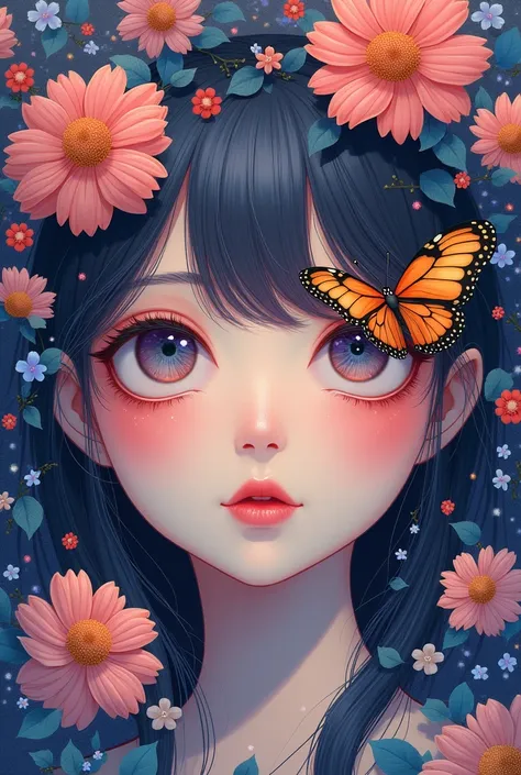 there is a woman with a butterfly on her eye and flowers, beautiful aesthetic art, aesthetic cute with flutter, detailed face and eyes, look me inside of my eyes, eyes open in wonder, psychedelic aesthetic, flowers covering eyes, dreamy psychedelic anime, ...