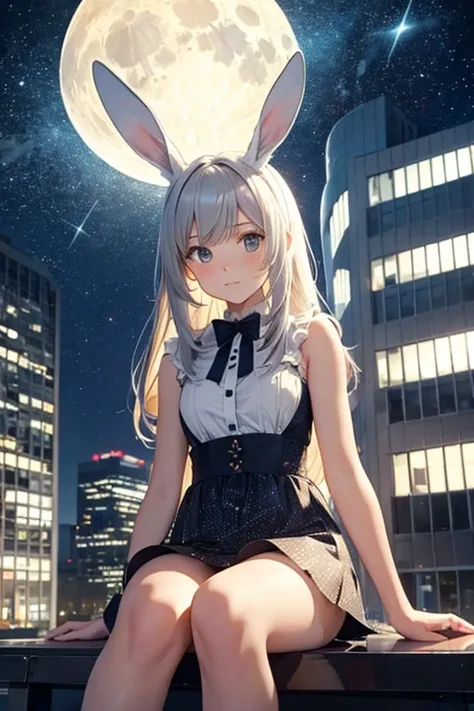 A girl with rabbit ears sits and looks at a building on the moon,Starry Night