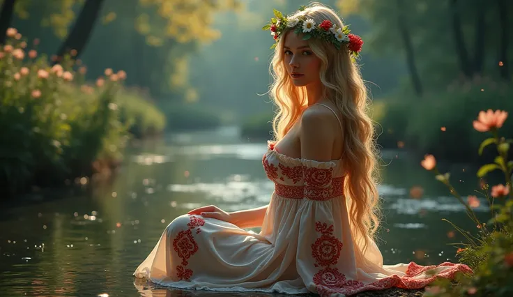 "A beautiful woman, big breast, sitting in an enchanted forest by a tranquil river at twilight, wearing a traditional, cleavage, flowing dress with intricate red and white patterns. She has long, wavy, golden-blonde hair adorned with a floral crown of dais...