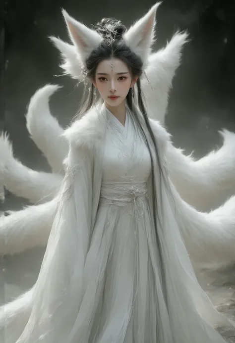 A mystical korean woman nine-tailed fox with a graceful and elegant posture, blending human and fox-like features seamlessly. Its silky fur covers parts of its body, either pure white or fiery orange-red, and nine long, fluffy tails fan out behind it, exud...