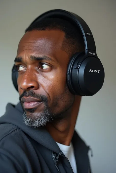 Under Average somali man, waring SONY headphones, side view 