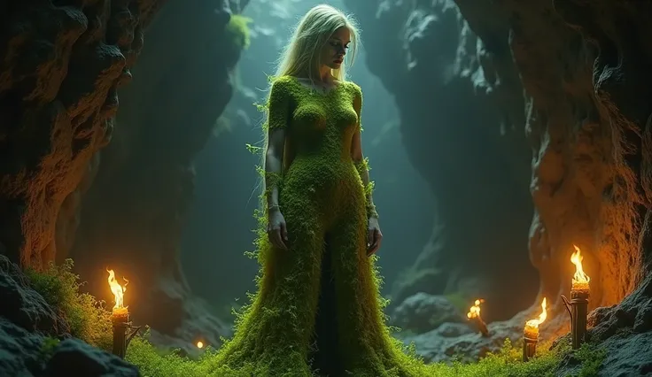 Overview of a woman dressed lightly, the body invaded by a greenish-yellow moss, se tenant debout dans une grotte sombre éclairé par des torches