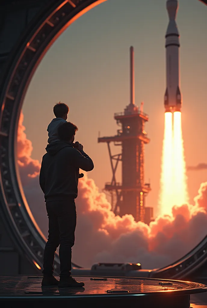 Realistic, theme is "Moon Base", father and son watching the launch of Apollo 11 on July 16, 1969, son is small and must be carried on his father's shoulders, captures the innocent joy of father and young son dreaming of a bright future and space development, sophisticated design, advanced lighting technology, real photo 8K quality