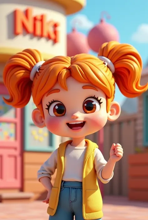 3D cartoon of an orange-haired girl with 2 high tails
That shows a cheerful gesture, brown eyes and fun text that says Niki Show   