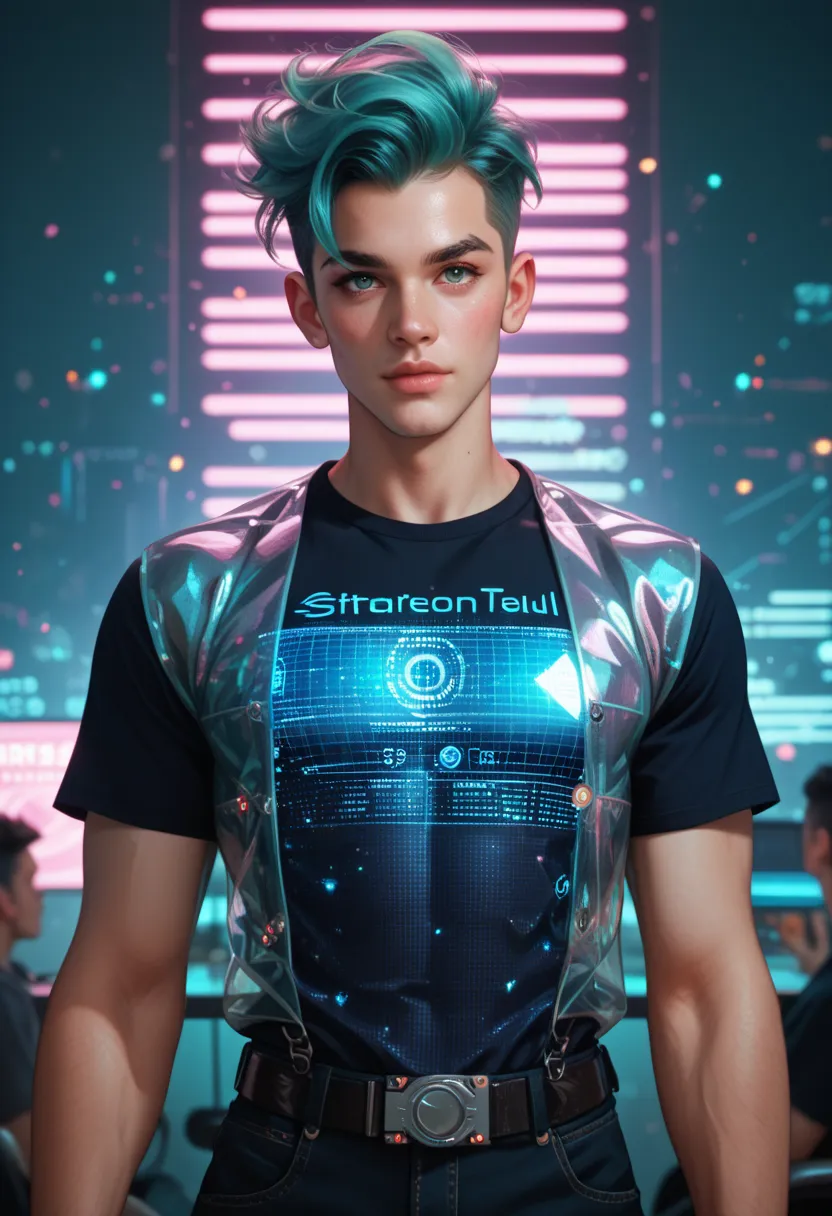 nude penis stylish twink with spiky teal hair, dressed in a glossy metallic vest over a graphic t-shirt, waist-up, surrounded by...