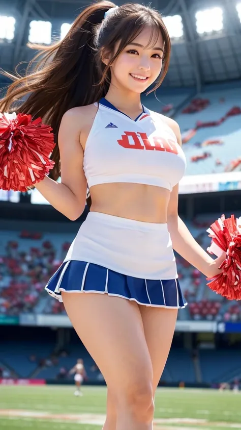 a beautiful cheerleader with long brown hair,japanese female,a cute face,and a big smile,wearing a sports uniform with a very short pleated mini skirt,holding large pompoms in both hands,posing in a stadium background,with highly detailed anatomy,realistic...