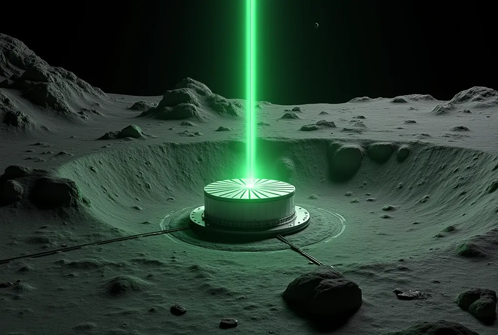 ((masterpiece, highest quality, Highest image quality, High resolution, photorealistic, Raw photo, Extremely detailed CG unified 8k wallpaper)), Solar power facility on the moon seen from above, one laser green light extending upward, high contrast, black and white world, realistic power plant in a crater, detailed lunar landscape, bird's eye view,
