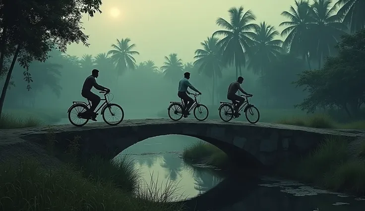 A realistic depiction of a small bridge in Chennai 40 years ago, viewed with an eerie sense of fear due to its location above a cremation ground (சுடுகாடு). The scene shows workers, in traditional dhotis and simple shirts, cautiously cycling across the bri...