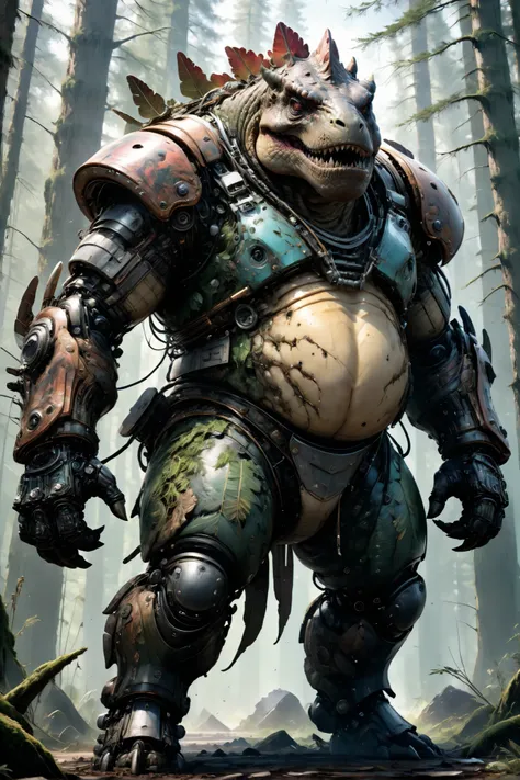 photorealistic portrait of Dressed animals - a ((fat)) t-rex warrior,(brave pose), high quality,(art by Carne Griffiths ) ,intricate detailed giant mechanical arms, highly detailed ((mechanical armor) ,,highly detailed armor, forest background , (brave), n...