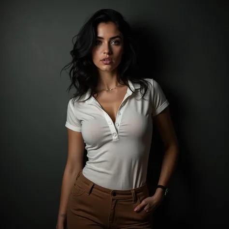 beautiful woman with black hair, in a brown shorts and a white tight polo shirt, with lush lips and aroused look in front of dark gray wall background