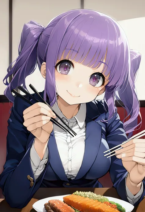 1 woman, purple hair, straight bangs, princess cut, black droopy eyes, fluffy twin tails, slightly big breasts, white shirt, dark blue suit, big smile,(((((Hold chopsticks with only your right hand)))))