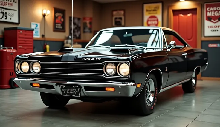 "Create a high-resolution render of a vintage Plymouth GTX muscle car in a classic garage setting. The car should feature bold, round headlights with chrome accents, a signature front grille with the Plymouth logo, and a long, muscular hood with subtle air...