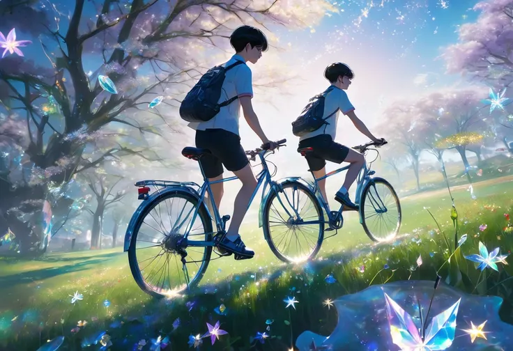 1boy only, back view and from low view, lower body only, (a boy is riding bicycle on grassland：1.2), riding on bicycle , crystal covered, alternate color, masterpiece, detailed illustration, realistic, pixiv top quality, exquisite, handsome man, ultra beau...