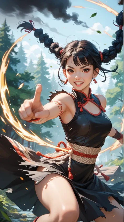 A  Asian girl with two braids and a bundle of fire fluttering in the wind, wearing a torn tribal dress that flutters in the wind, both hands covered in a black smoke aura, performing a fast claw fighting stance that blurs the image until all ten arms are v...