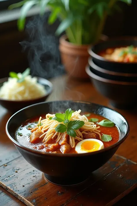 "A high-quality photo of a traditional Thai boat noodle soup, with a focus on the rich, dark broth and the variety of toppings. The bowl should be placed on a rustic wooden table, with a few other bowls stacked in the background to add depth to the image. ...