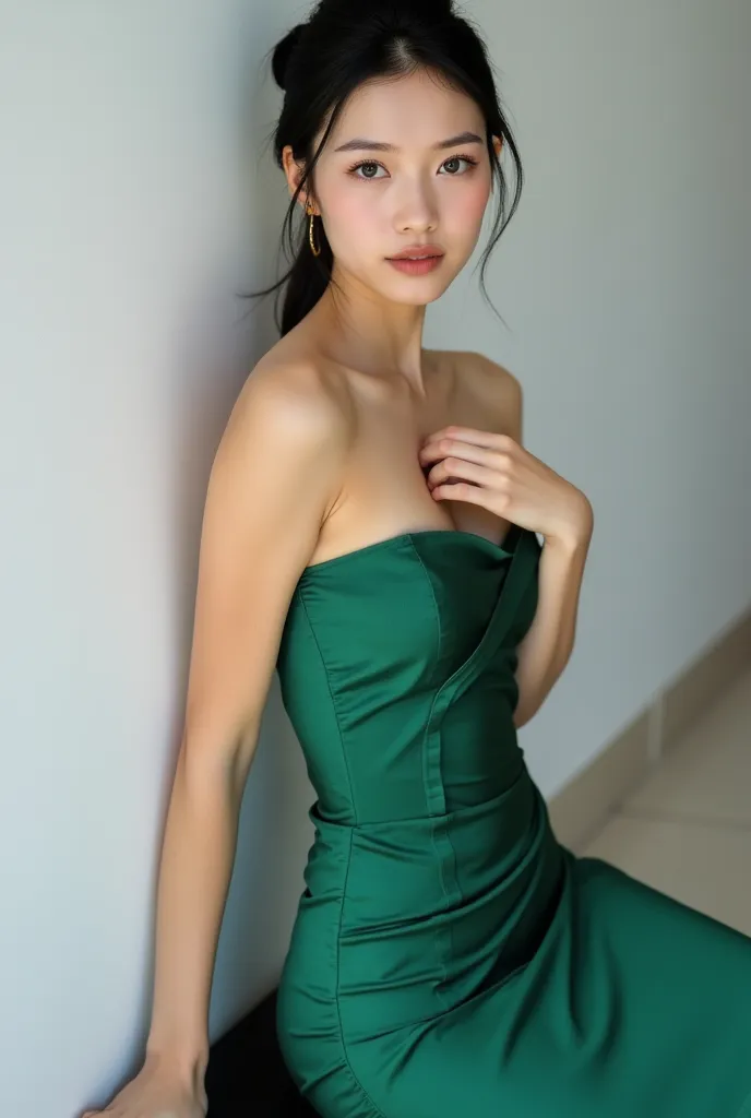 beautiful model in a green strapless dress, skin details，photo poses，healthy skin