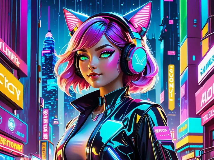 

The poster features a futuristic cityscape at night, with towering skyscrapers stretching into the sky. The buildings are adorned with neon lights in vibrant colors, casting a dynamic and ever-changing glow on the surroundings. The city is bustling with ...