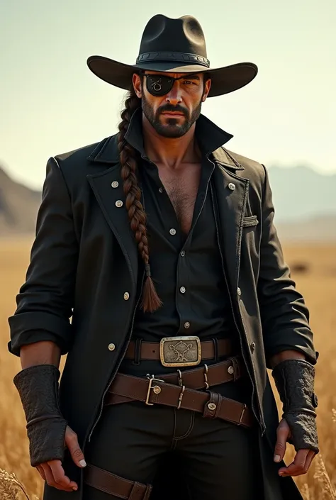 A male cowboy with long hair as a one-braid,  with an eye patch that has a black outfit