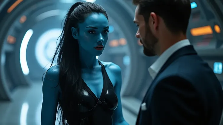 a sexy blue alien girl with detailed facial features, long flowing hair, wearing a sleek black dress, elegant posture, standing with man in a futuristic spaceship interior, advanced technology in the background, photorealistic, cinematic lighting, 8k, high...