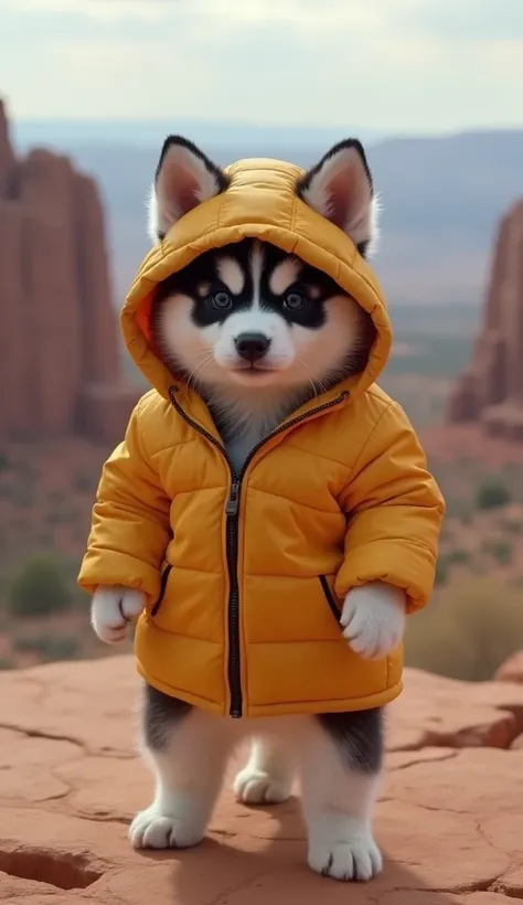   A cute husky puppy dressed like a rapper。The height is about 50 cm  、  it looks like its going to start dancing in a Grand Canyon style place  。recently、  it is a cat that is going viral 、 image that looks like a dancing cat  