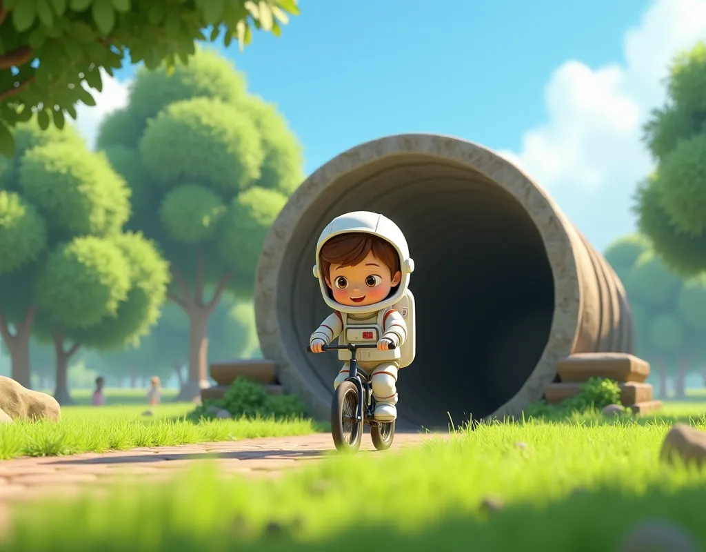 3D animation, theme is "Moon Base", a boy rides his bike around a large drainage pipe in a large grassy park, the boy pretends to be a "moon base" by using his bike as a lunar exploration vehicle, the boy is cosplaying as an astronaut, comical scenes, heartwarming scenes, 8K quality