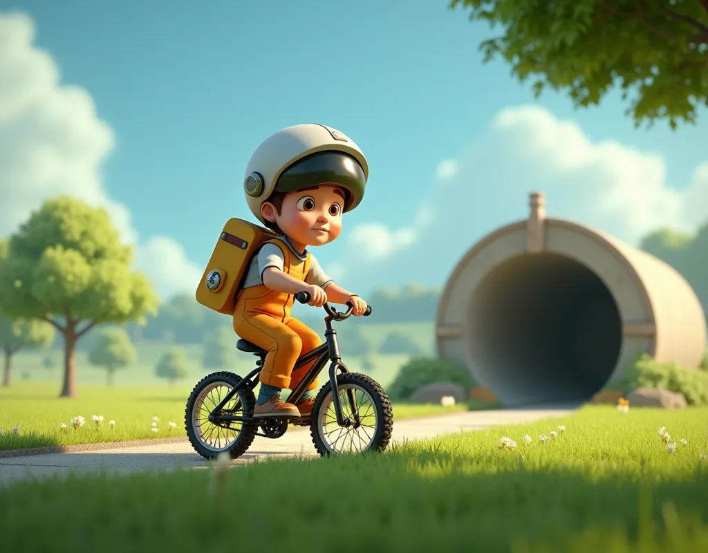 3D animation, theme is "Moon Base", a boy rides his bike around a large drainage pipe in a large grassy park, the boy pretends to be a "moon base" by using his bike as a lunar exploration vehicle, the boy is cosplaying as an astronaut, comical scenes, heartwarming scenes, 8K quality