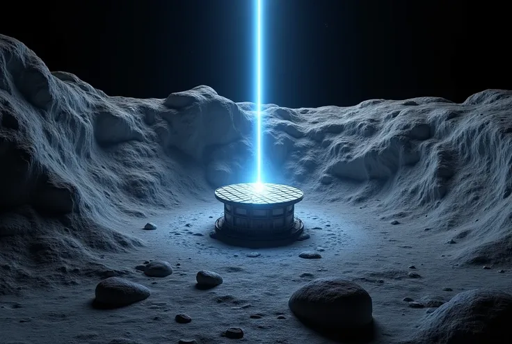 ((masterpiece, highest quality, Highest image quality, High resolution, photorealistic, Raw photo, Extremely detailed CG unified 8k wallpaper)), Solar power facility on the moon seen from above, one laser blue light extending upward, high contrast, black a...