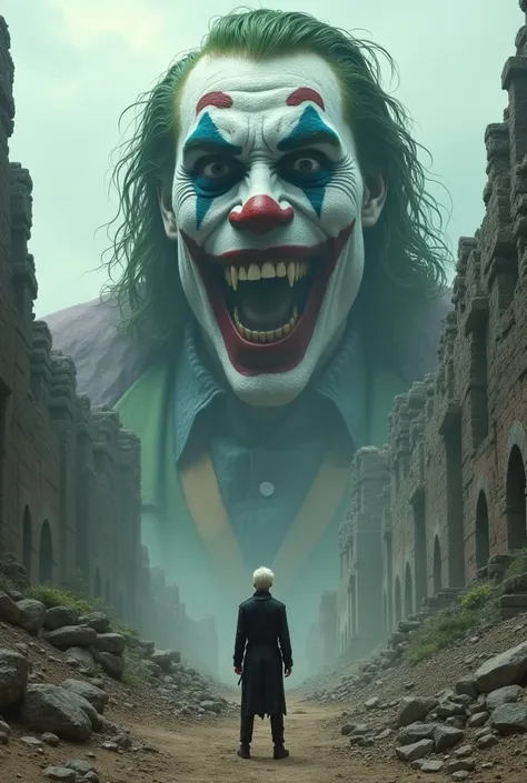  A colossal figure with the rock face of the Joker laughing, mouth painted red ,  stands at the center of ancient ruins,  rising above a lone traveler  ,  short white hair as she contemplates her majestic presence.  The focus is on the face of the figure  ...