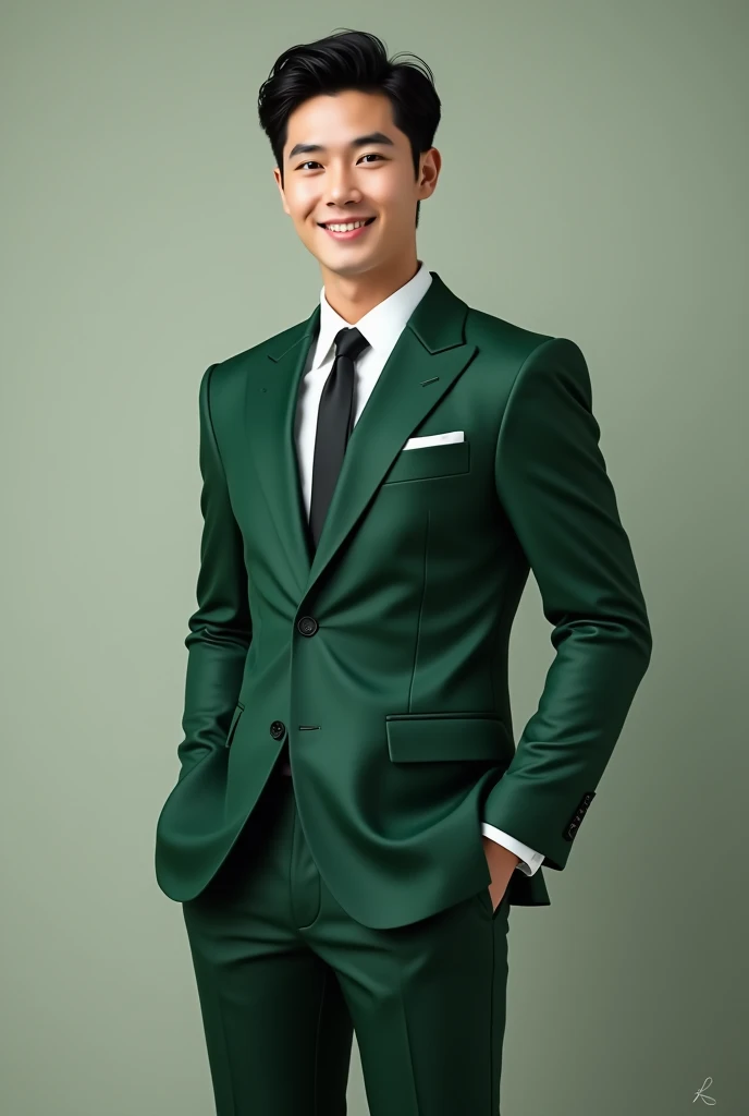 A handsome Korean man wearing a green suit