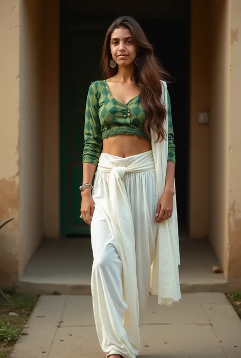 Milf haryanvi women standing outside home wearing wet Womens harlequin green Pure Cotton tight light Kurta and white loose haryanvi salwar with white Dupatta , curvy model, beautiful model girl, perfect body, sexy girl, wearing tight shirt, lovely woman, b...