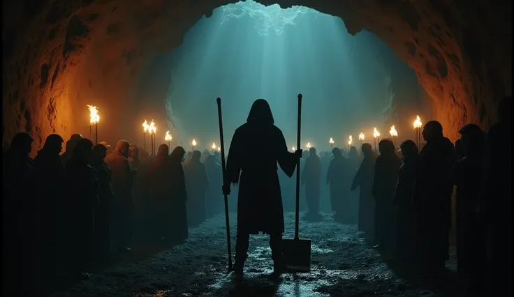  A man in a dark cave lit by torches, With a metal shovel in each hand , face a une foule souffrante