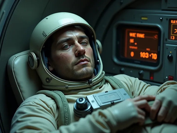 An astronaut inside a spacecraft, weak from extreme hunger. He lay against the wall, his face pale, his eyes half open.