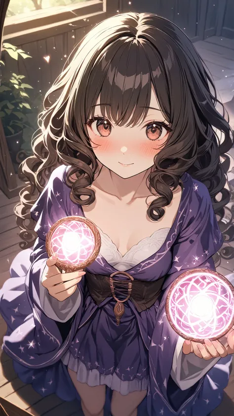 1 girl, ( cute face), Curly Hair, to many hairstyle, (blush:1.3),  small breasts, ( Sorceresss Robe ), ( Has a Magic Wand ),  Pottery skin , ( Fluffy Skirt ),  Cowboy Shot, break, Silent Forest, ( soft light :1.2),  Romance Vibe ,  Love Doki Doki , break, ...