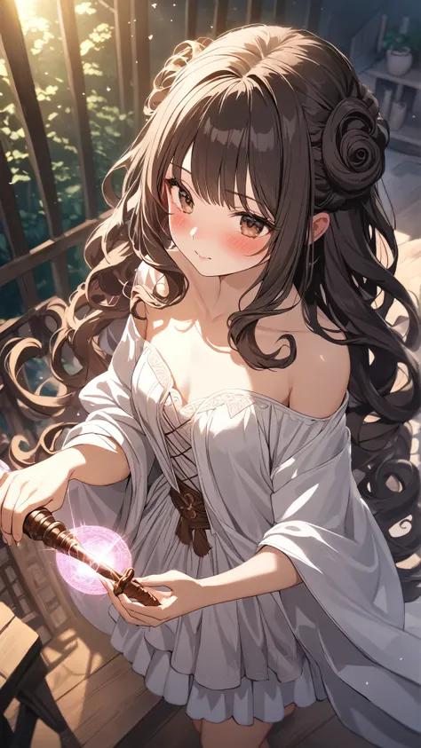 1 girl, ( cute face), Curly Hair, to many hairstyle, (blush:1.3),  small breasts, ( Sorceresss Robe ), ( Has a Magic Wand ),  Pottery skin , ( Fluffy Skirt ),  Cowboy Shot, break, Silent Forest, ( soft light :1.2),  Romance Vibe ,  Love Doki Doki , break, ...