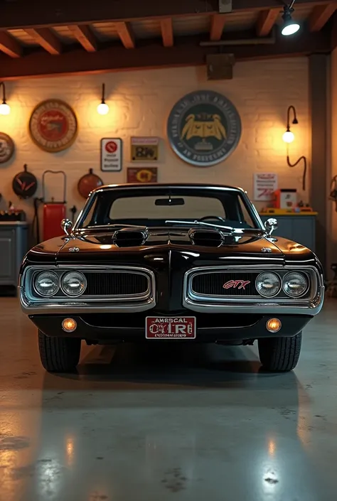 "Create a high-resolution render of a vintage Plymouth GTX muscle car in a classic garage setting. The car should feature bold, round headlights with chrome accents, a signature front grille with the Plymouth logo, and a long, muscular hood with subtle air...