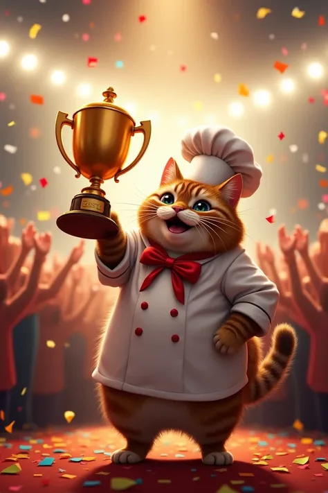 Victory!"
Setting: Bright lights and a cheering crowd.
Description: Chubby Cat is crowned the winner, holding a golden trophy. Confetti falls as the crowd celebrates.
Text/Voiceover: "And just like that... Chubby Cat becomes the world’s best chef!"