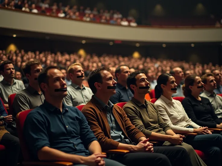 "A large, brightly lit room filled with an audience of 100 people sitting in rows of chairs. Men and women are sitting together. Each person is dressed in casual attire, and their mouths are symbolically zipped closed with a visible zipper, similar to a zi...