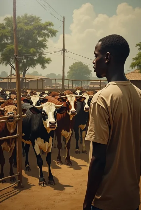 The cattle started crying out in their pens, and somewhere outside, a baby screamed. I didn’t know what to do. None of us did. Realistic painting, Nigeria 