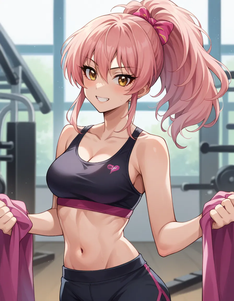 mikkajogasaki, mika jougasaki, hair 弓, long hair,  pink hair, ,  ponytail, a confident and sporty anime-style young woman with s...