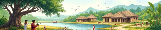 A village scene painted in water color is to be drawn. There will be three mud houses with rice paddies made of straw. There will be two paved houses with rice fields and golpatars. There will be a dry river with aquatic plants. in the river There will be ...