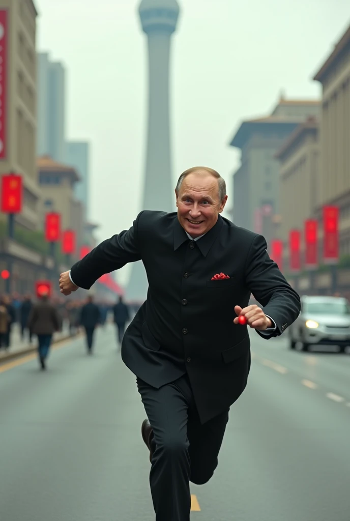 Create Hyper-realistic iamge of The President of Russia, Putin, is running down a city street with a red button in his hand and a smiley. Make the city the capital of North Korea