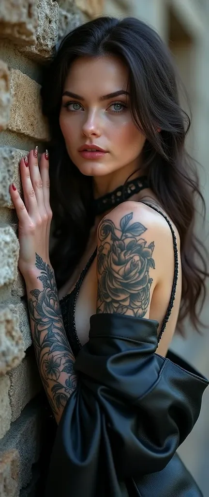 “Masterpiece, photorealistic, highest quality, (solo focus), a stunning Russian woman with porcelain-like skin and icy blue eyes, her arm sleeve tattoo depicting a blend of gothic roses and baroque patterns in deep black ink. She’s leaning against a rustic...