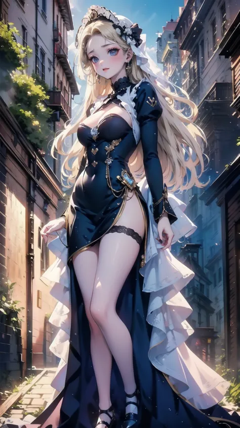 ), Composition from head to toe,  full body view,Village realistic、 Virginia Otis  Blonde Blue Eyes、Victorian city,  Europe. Aristocratic Girl、Breasts looking up from below 、  Wearing a Long-Sleeved Sheer Fabric Dress 、 dynamic sexy poses 、Face Smile、 cute...