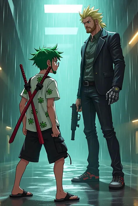 Male , Missy short hair green color ,white polo with green flowers ,have red eyes, gray small beard ,wearing flipflop, black short gray camo,eye glasses,dual katana on his back. Male in black suit with facial hair,blonde mullet ,evil boss villain,green eye...