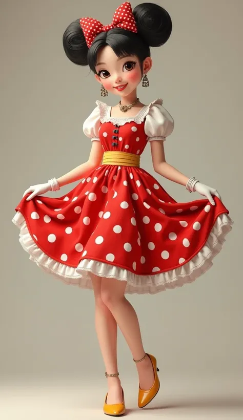 (photorealism:1.2), cheerful and elegant young woman She has sleek black hair styled into two round buns resembling mouse ears, with a red polka-dot bow as an accessory. She wears a vintage red dress with white polka dots, puffed sleeves, and a flared skir...