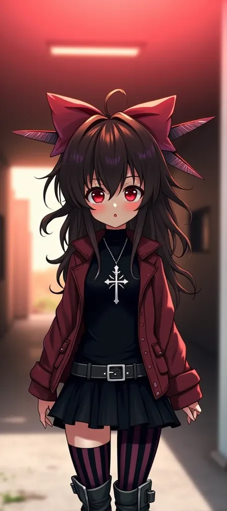  highest quality ,  very detailed , masterpiece,  anime style . a girl ( dark brown hair ,  red eyes )  wearing a rocker-style outfit with a skirt,  she has a silver cross string ,  a wing-shaped bow in her hair , striped tights, And a legue .