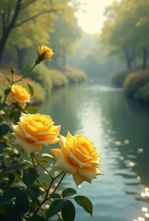 Yellow roses flowers on the river