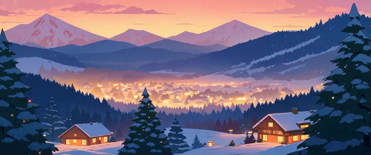 Christmas vibes ultrawide ,cozy ,lofi ,landscape ,forest ,mountain