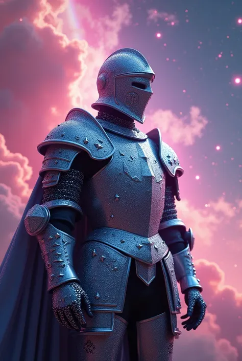 A medieval knight in diamond armor in a pink and purple starry sky 