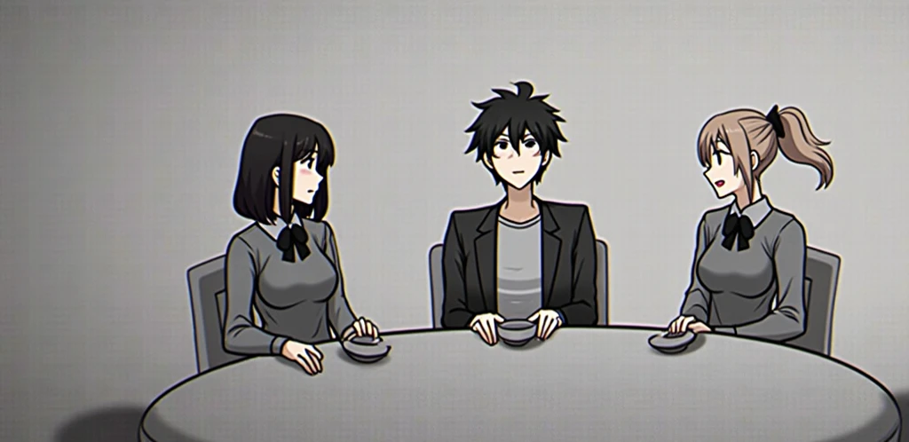 This is a Japanese-style 2D illustration. .  Three students dressed at the same school who appear to be high school students are sitting at a table.  The middle student is a male student, a tall young boy, and his gaze is looking ahead .  the remaining stu...